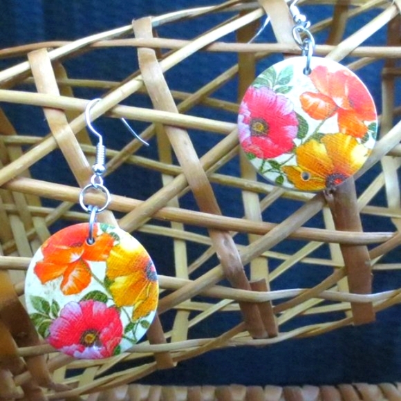 Hand Crafted Pierced Earrings Orange Gold and Pink Poppy Flowers Boho Print Wood - Picture 2 of 6